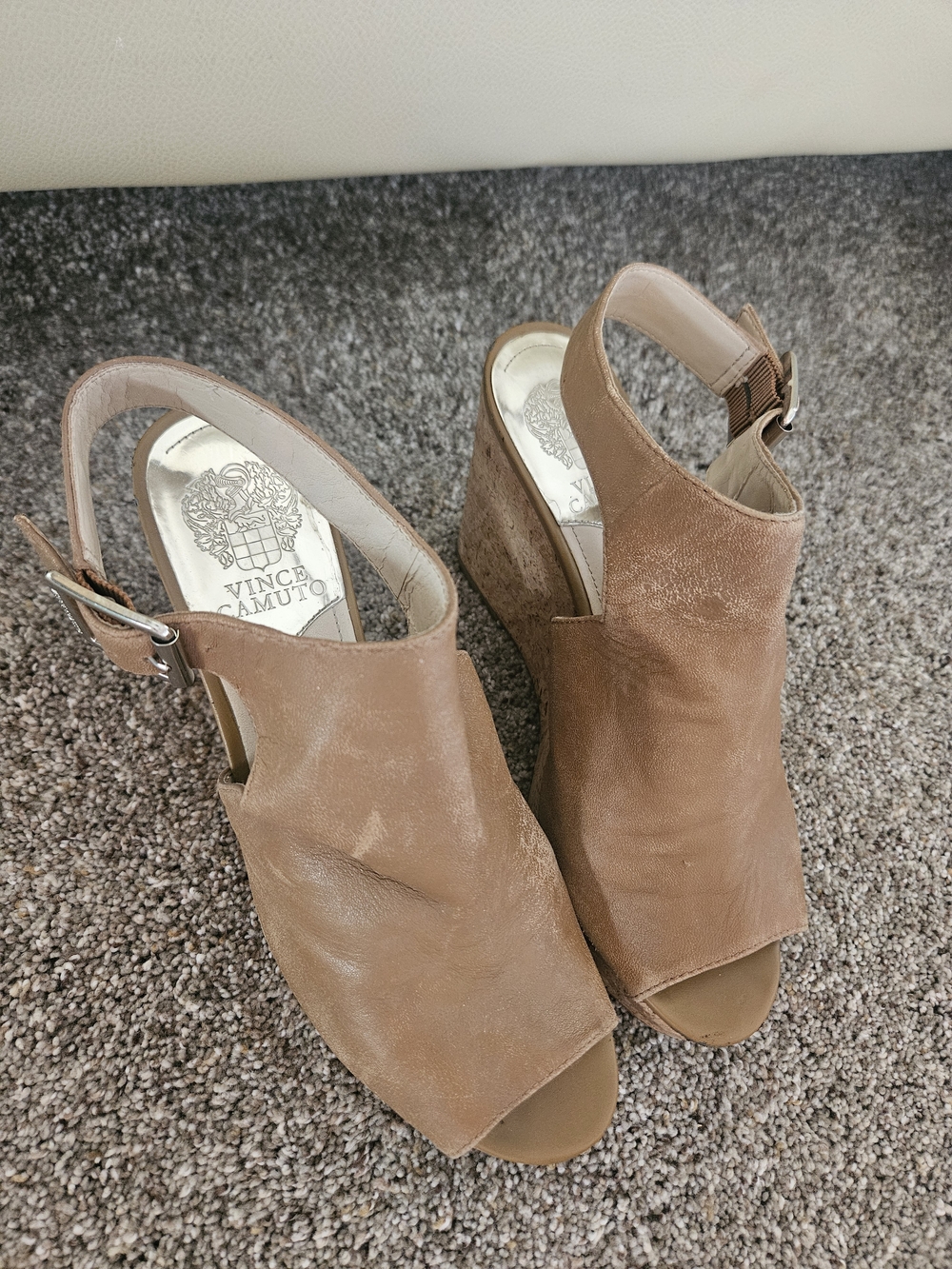 Vince Camuto Tan Leather Peep-Toe Wedge Sandals